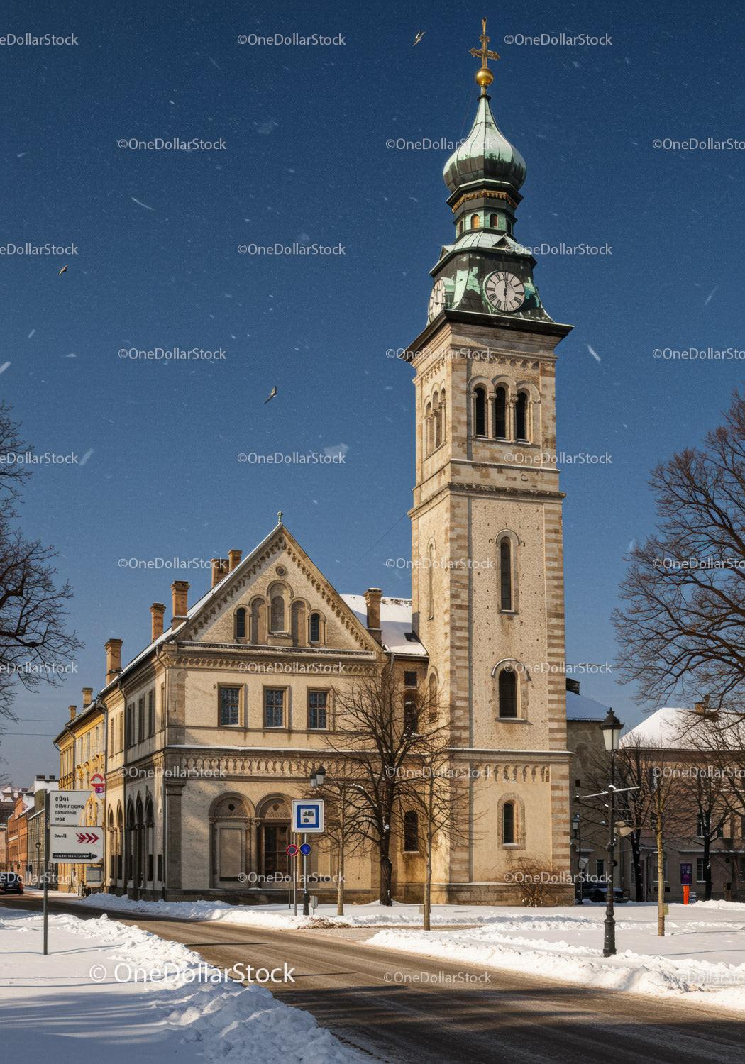 Historic Church Tower on a Bright Winter Day