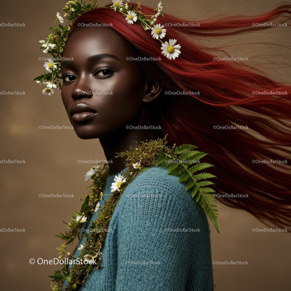Elegant Fashion Portrait of a Woman with Red Hair and Floral Accessories