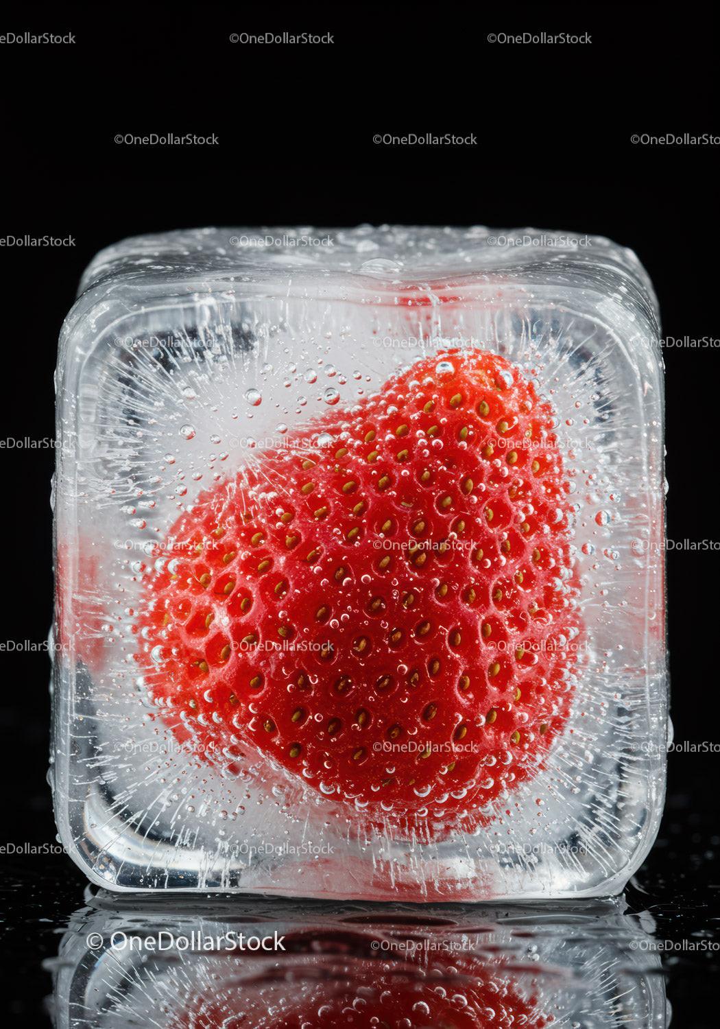 Fresh strawberry frozen inside clear ice cube detail