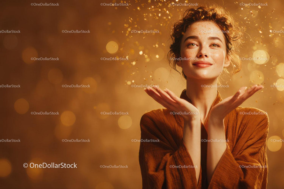 Elegant Woman Smiling with Golden Bokeh Backdrop in Warm Light