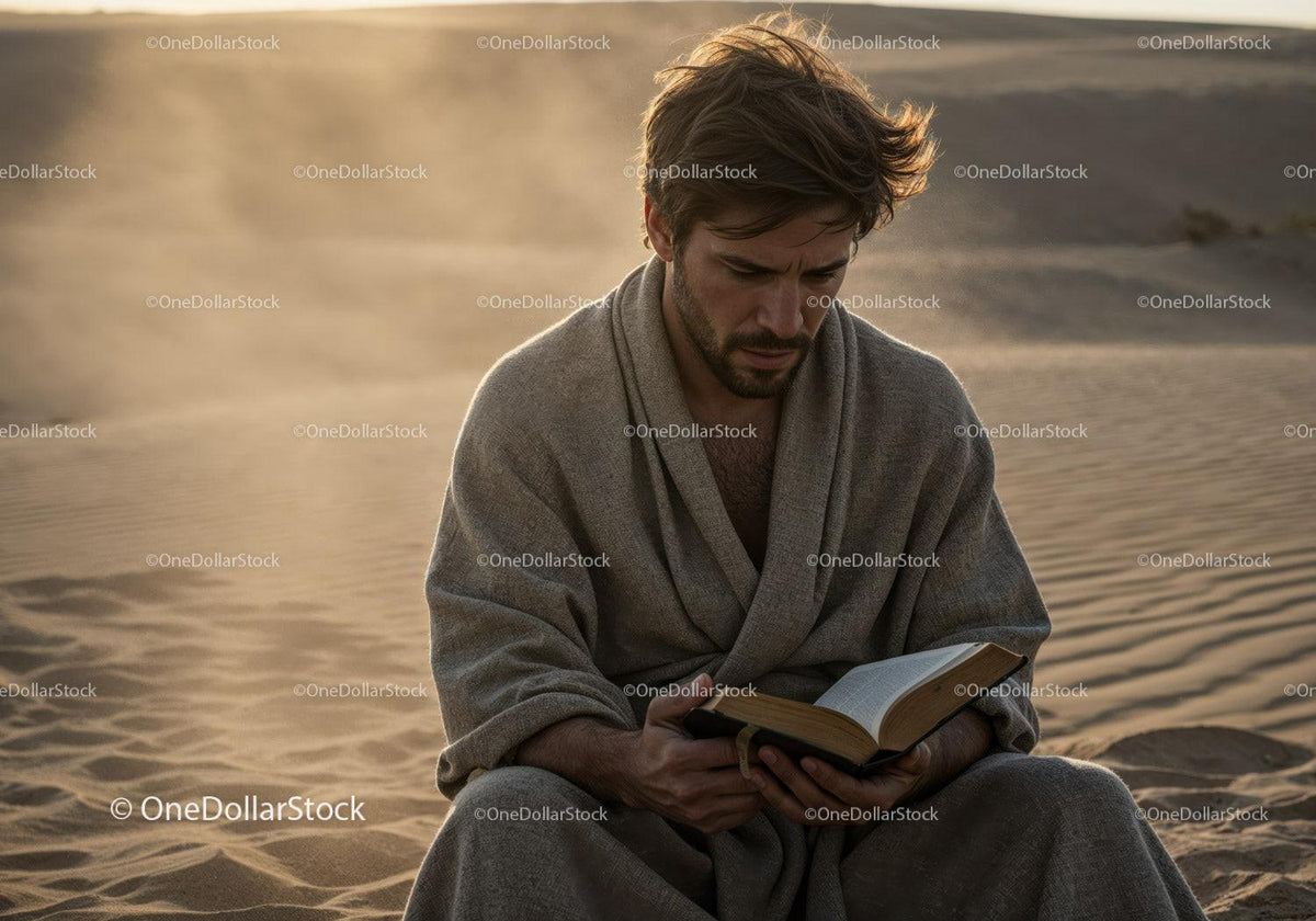 Man in Casual Clothing Reading Book in Desert During Dust Storm Stock Photo Bundle preview 11
