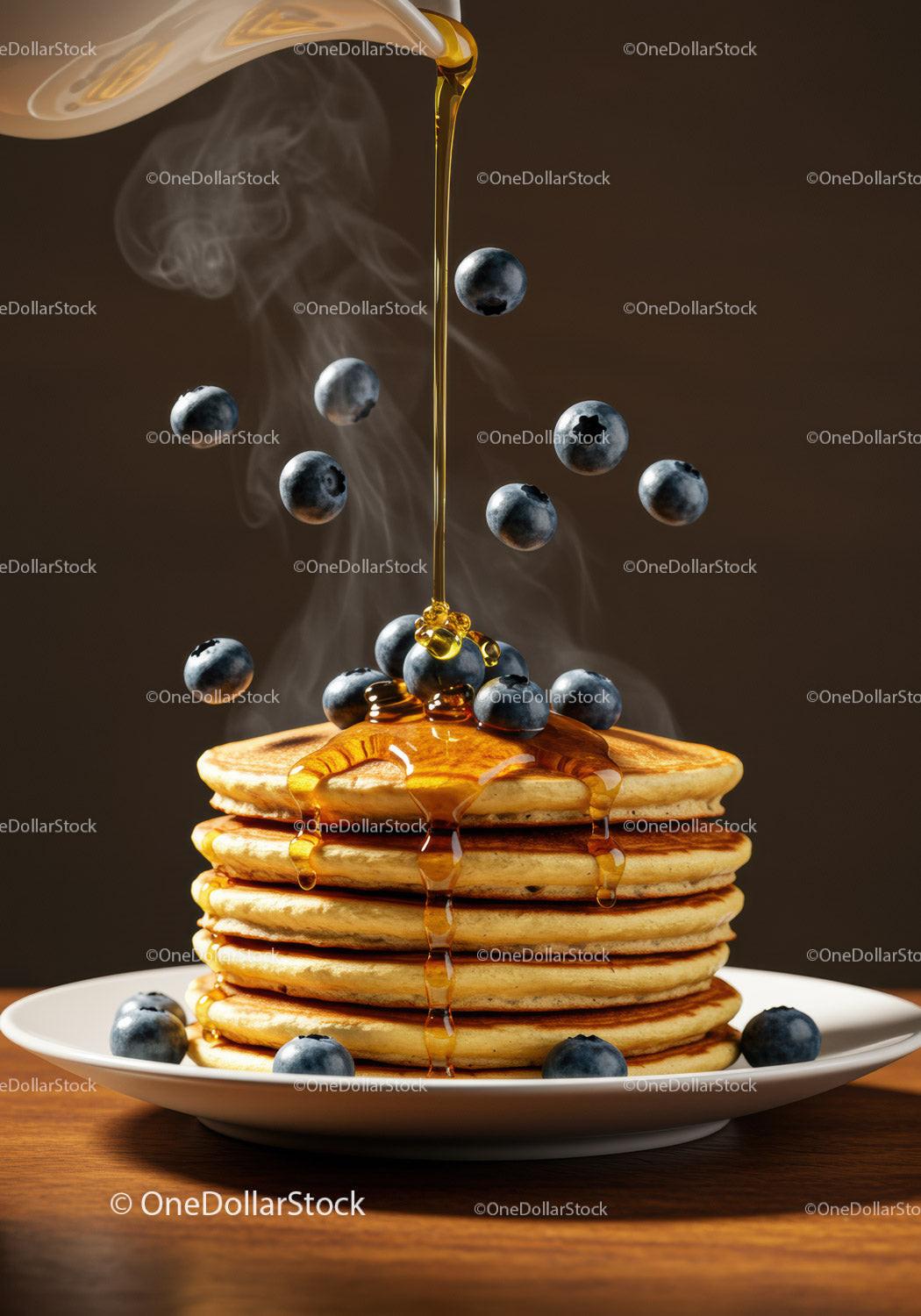 Stack of warm pancakes topped with blueberries and honey