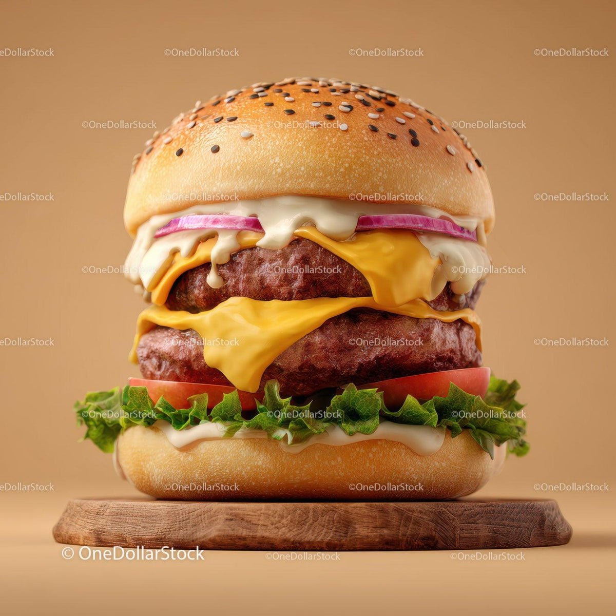 Gourmet Cheeseburger with Cheese Lettuce Tomato Red Onions Stock Photo Bundle preview 9