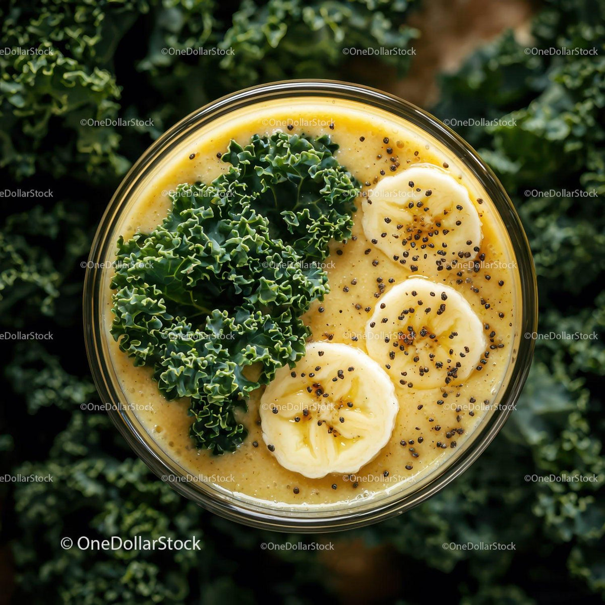Vibrant Green and Yellow Smoothie with Banana Slices and Kale