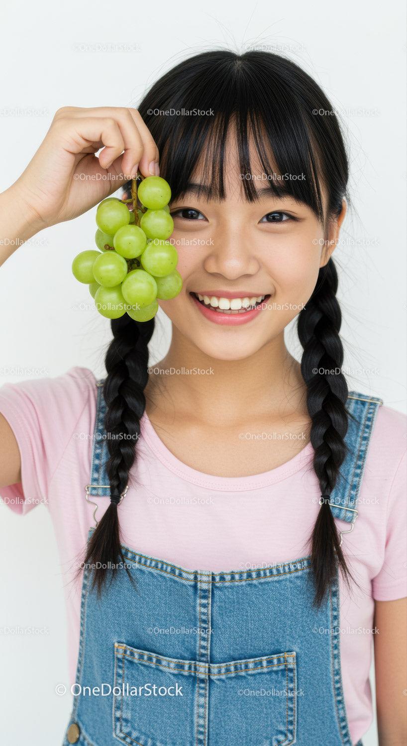 Smiling Girl with Pigtails and Green Grapes on Bright Background