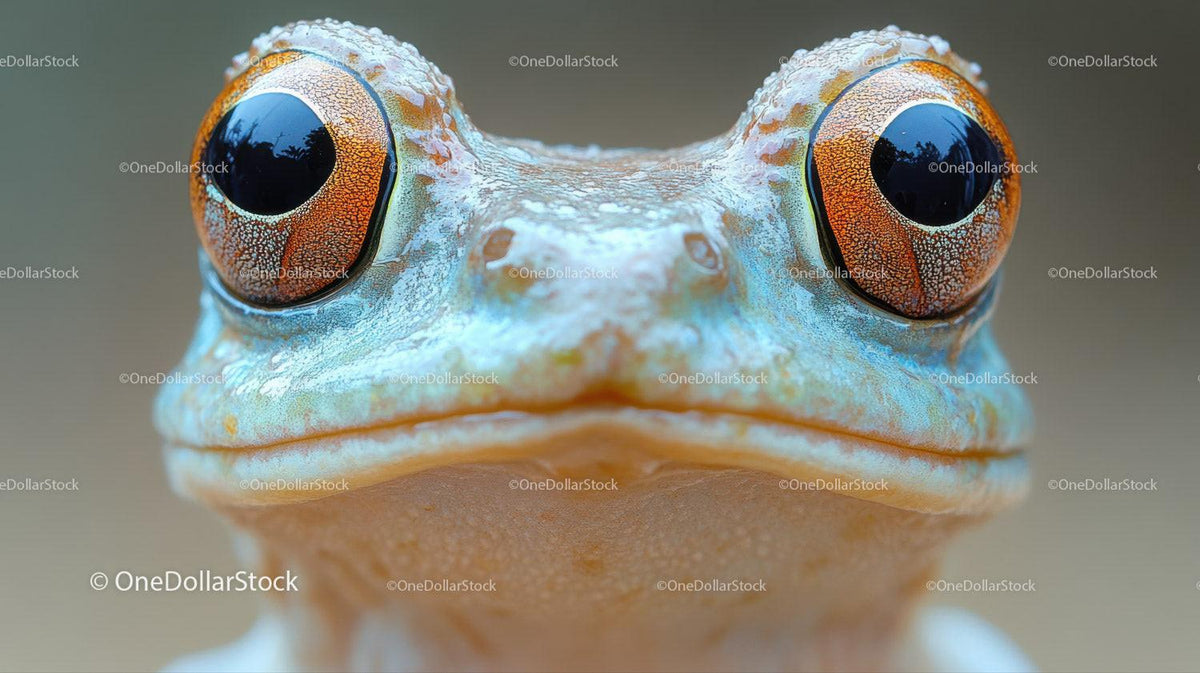 Close-up of a frog with large orange eyes and blue skin on beige background