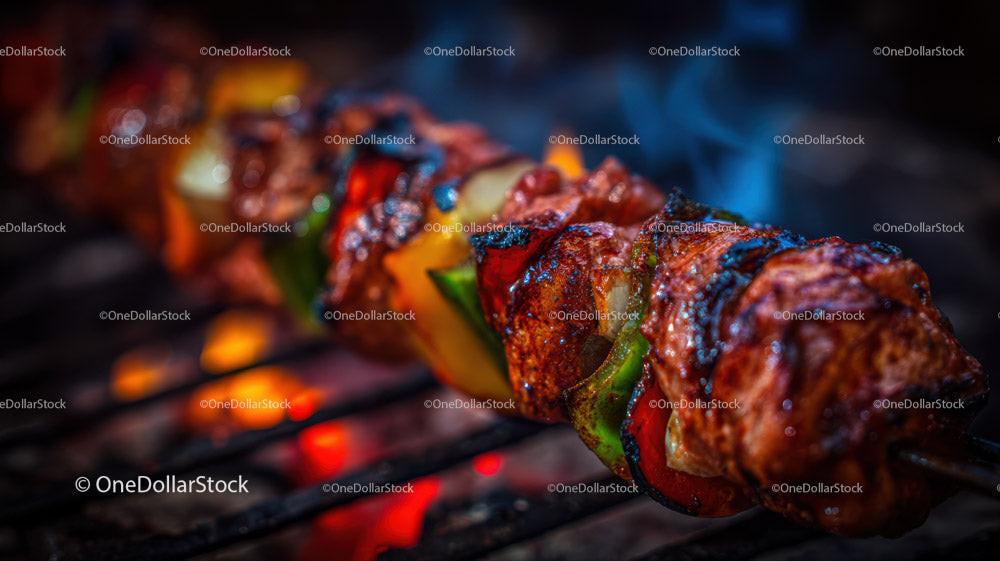 Juicy Grilled Meat Skewers with Charred Edges on Open Flame Stock Photo Bundle preview 24