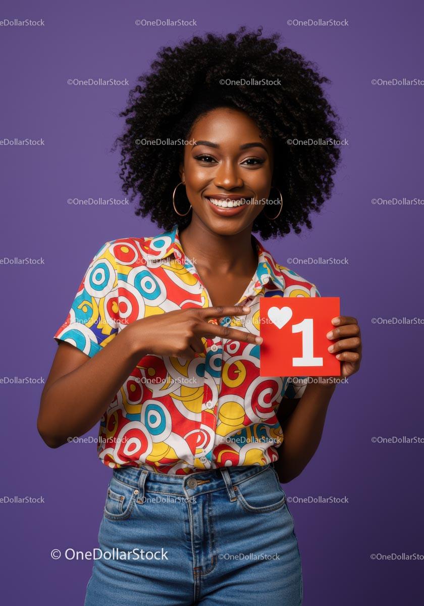 Smiling Woman Holding Heart Sign with Colorful Shirt Against Purple Background Stock Photo Bundle preview 57