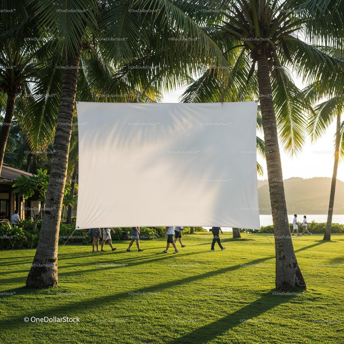 Outdoor movie screen hanging between palm trees at sunset JPG Mockup Image preview