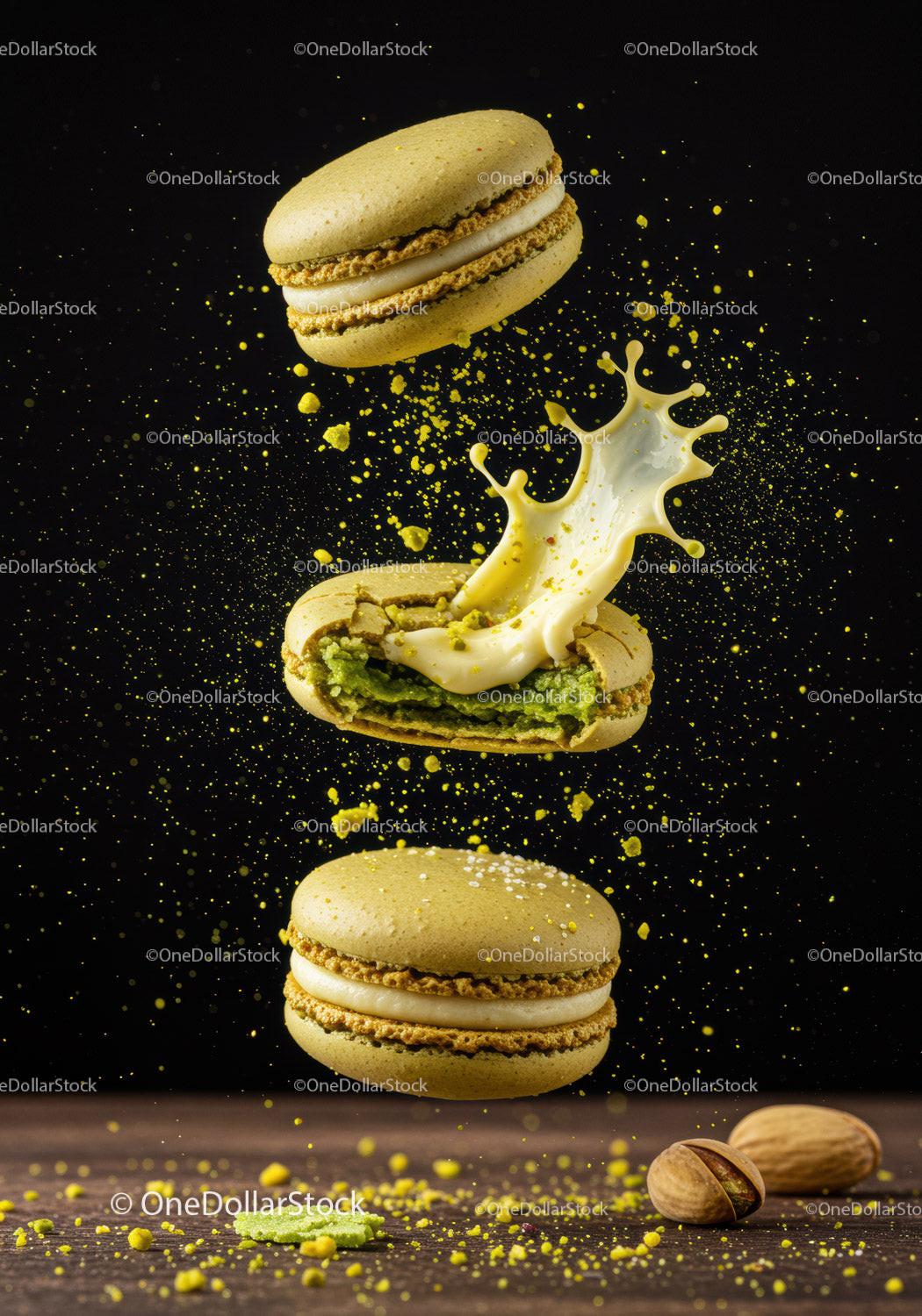 Yellow Pistachio Macarons with Cream Splash on Black