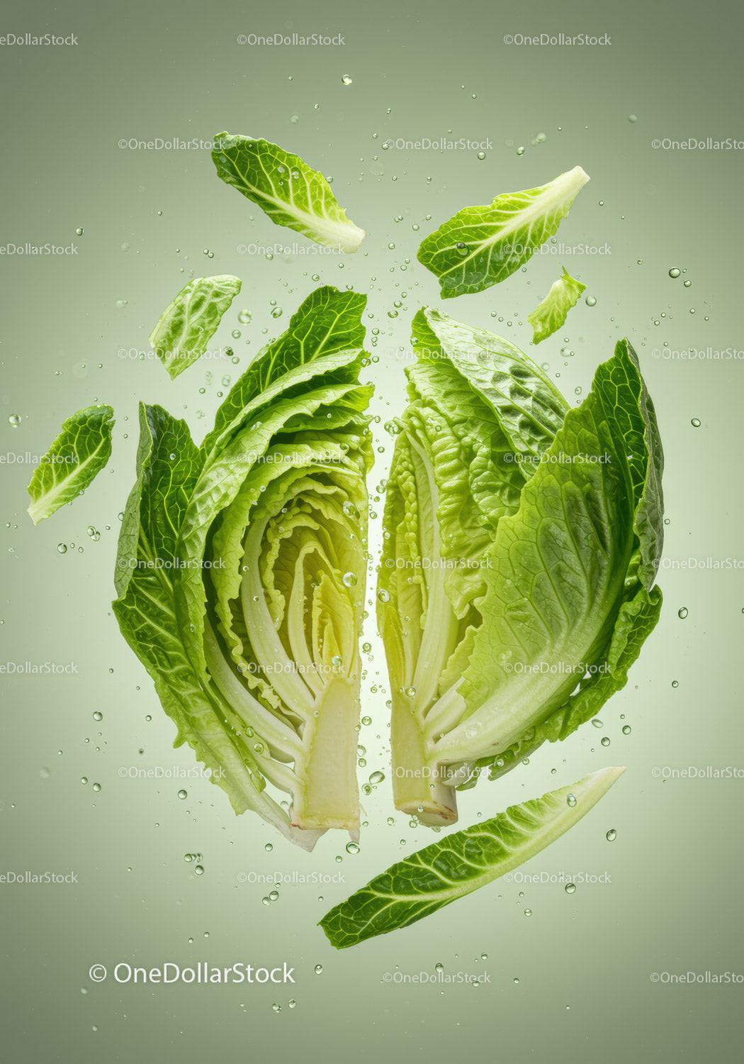 Fresh romaine lettuce halves with floating leaves underwater