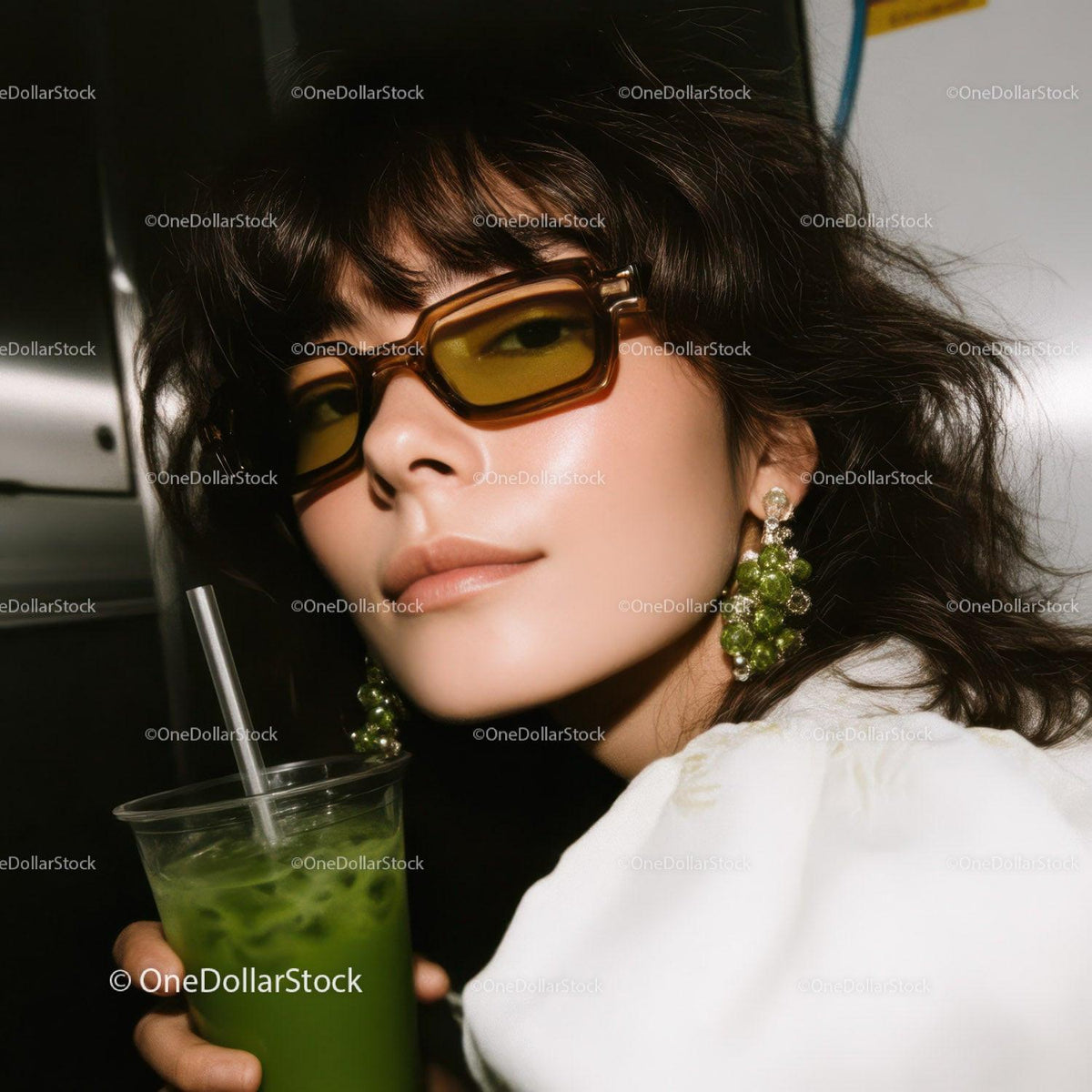 Stylish Woman Wearing Yellow-Tinted Sunglasses and Green Earrings Holding Drink
