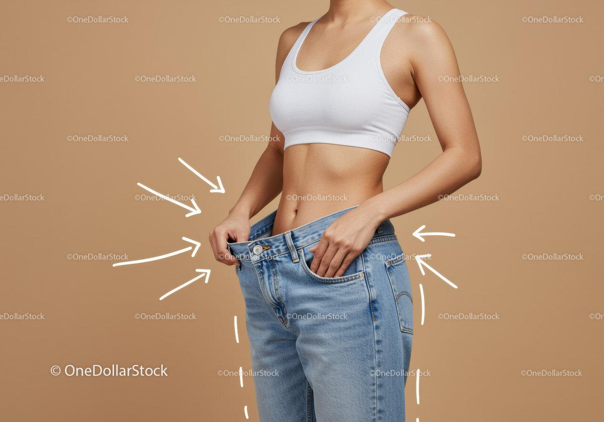 Woman in casual clothing adjusting jeans showcasing weight loss and body confidence