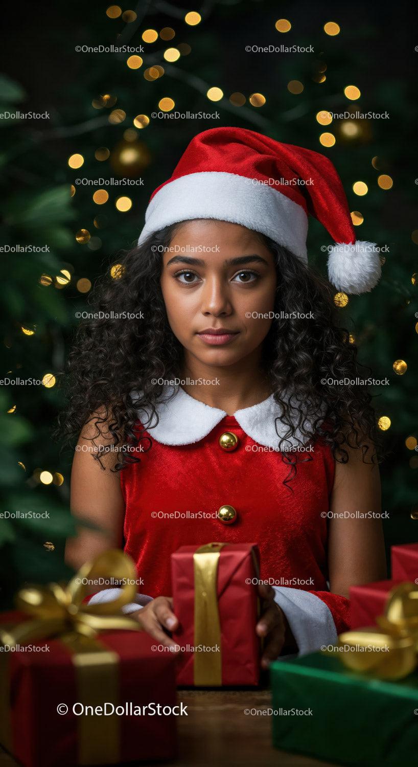 Young girl in Santa outfit holding Christmas gift
