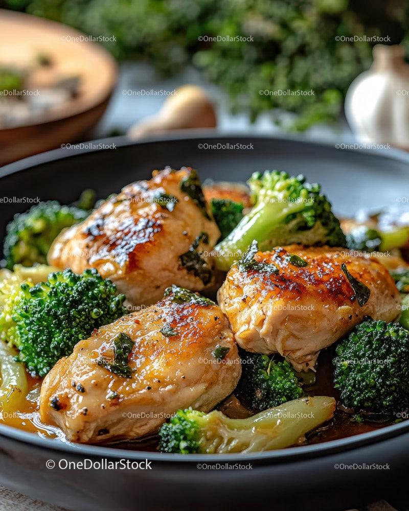 Grilled Chicken Breast with Fresh Broccoli Florets in a Black Dish Stock Photo Bundle preview 12