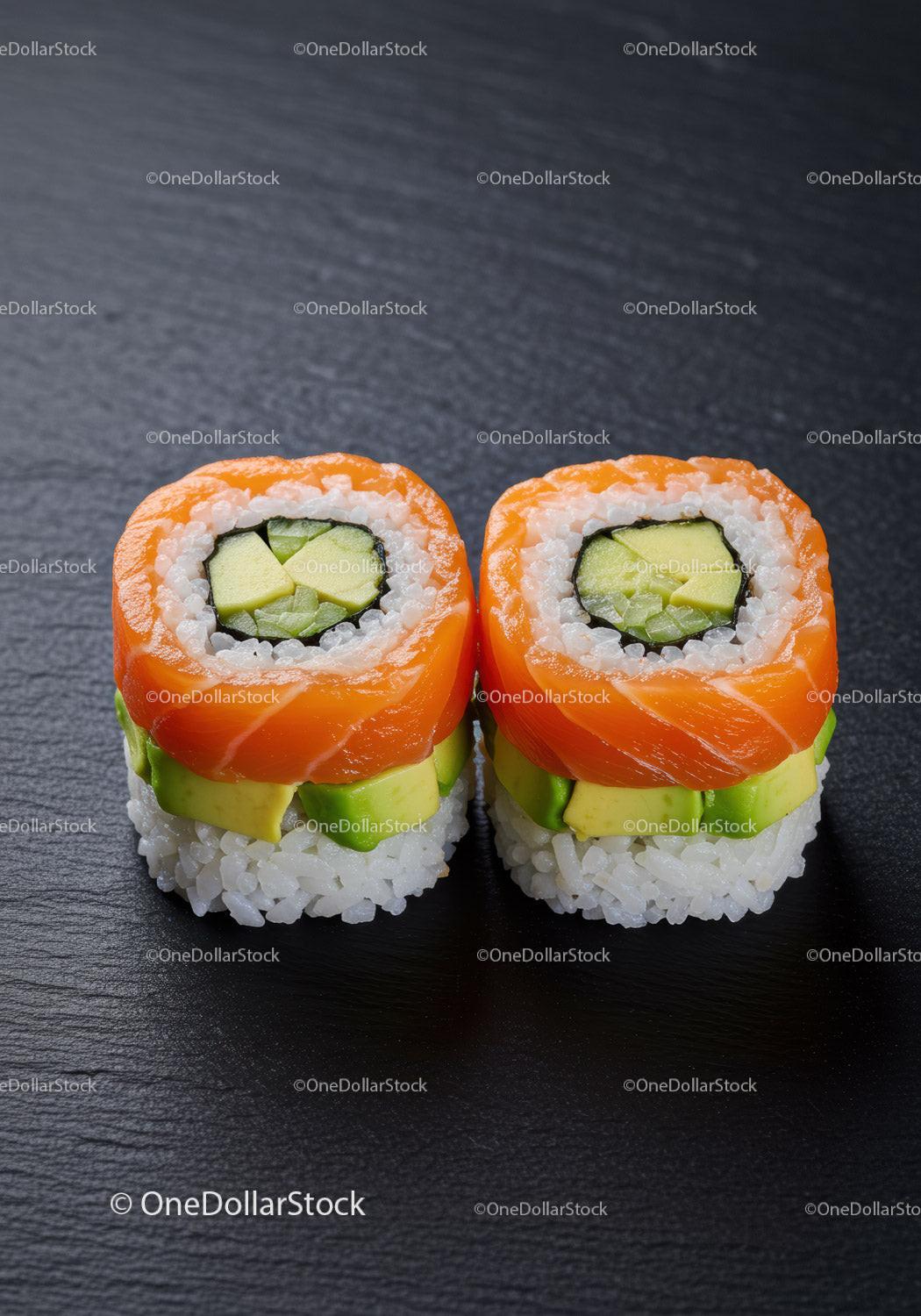 Fresh salmon and avocado sushi rolls on dark background