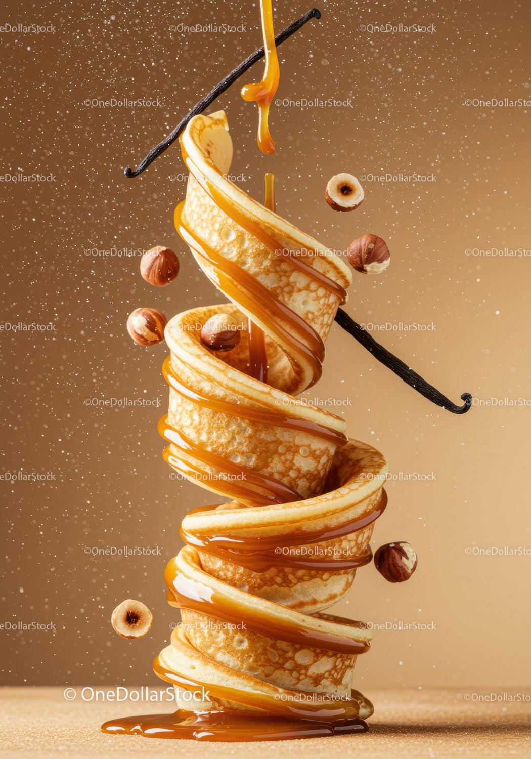 Stack of crepes with caramel drizzle and hazelnuts