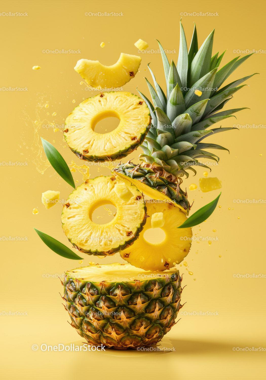 Fresh pineapple slices suspended with green leaves