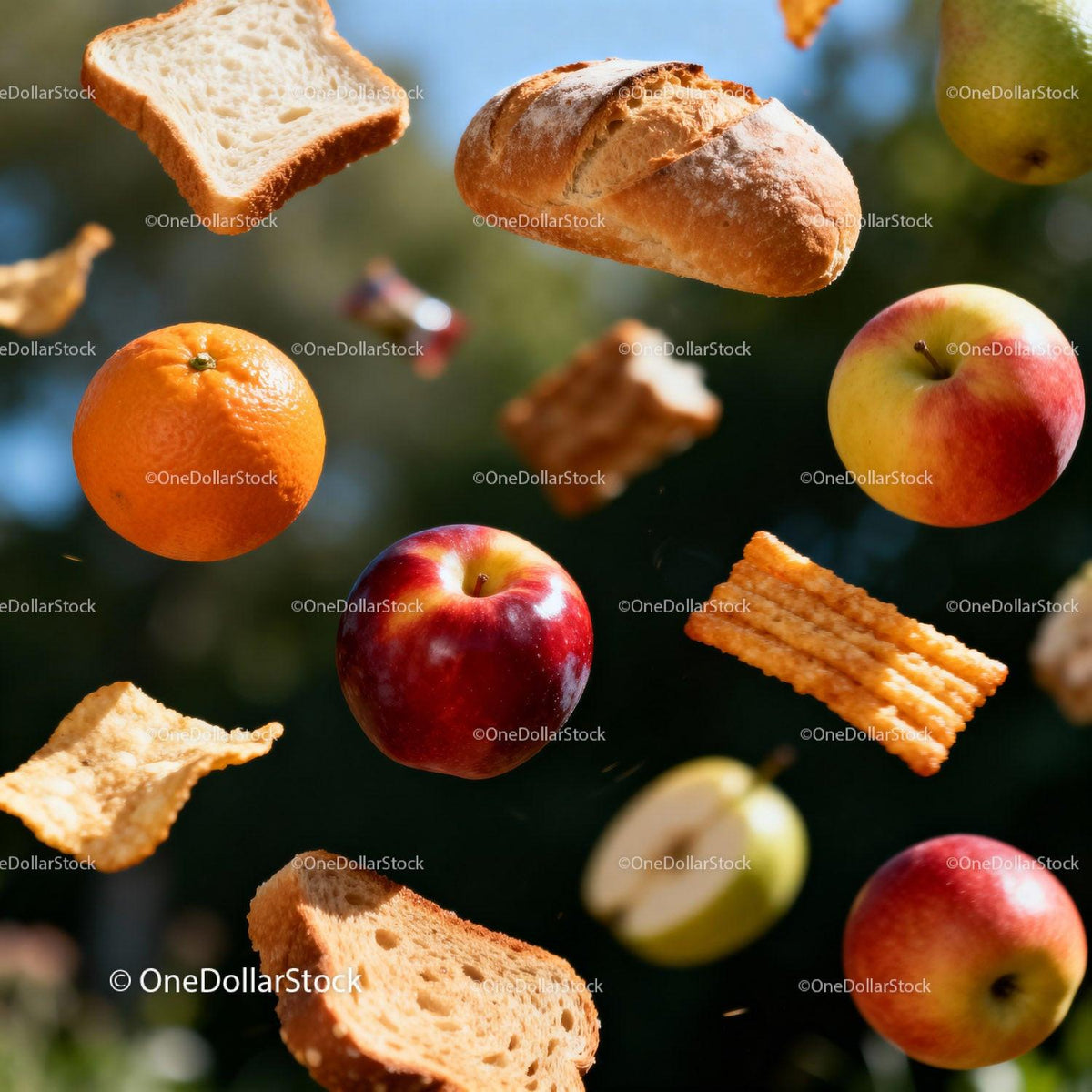 Fresh fruits and baked bread floating in midair