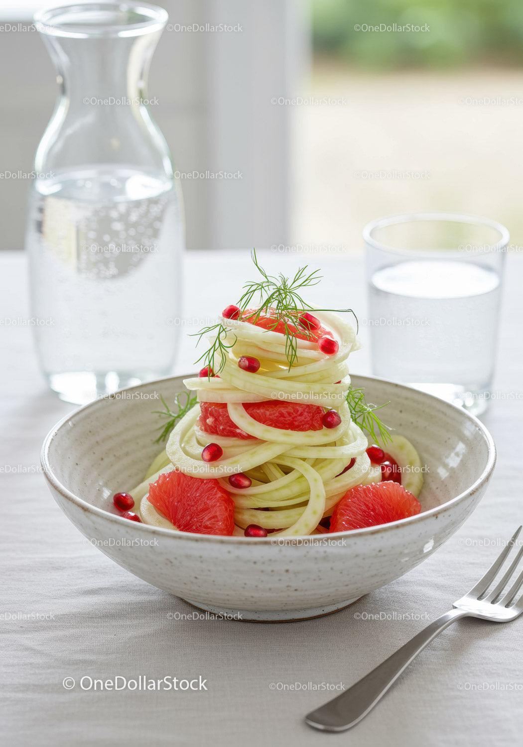 Fresh fennel and grapefruit salad with pomegranate seeds
