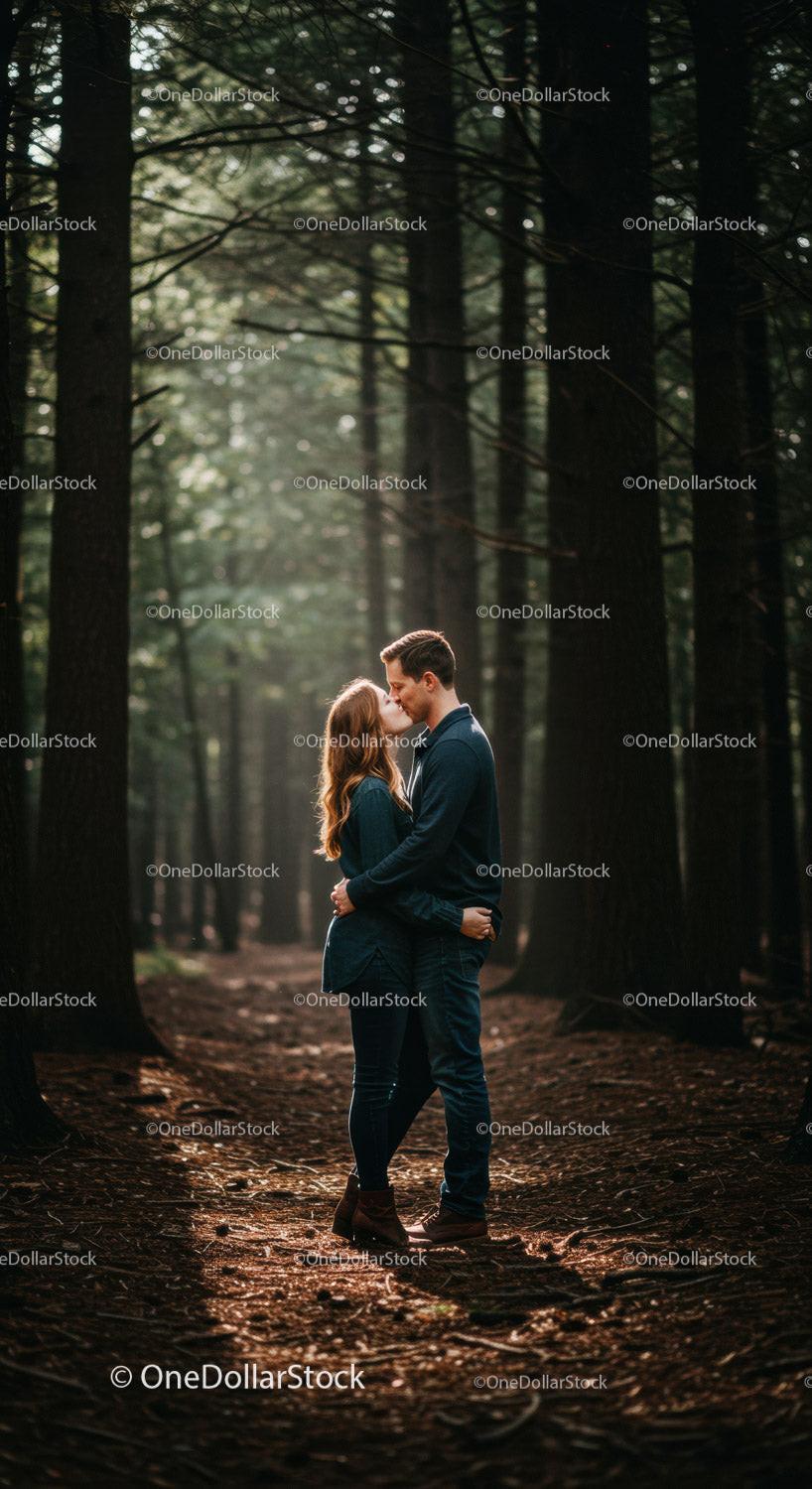 Couple sharing a tender moment in serene forest