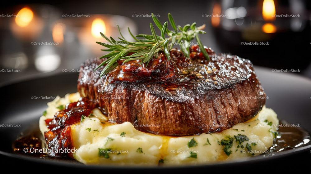 Juicy Steak with Mashed Potatoes and Herb Garnish in Elegant Restaurant Stock Photo Bundle preview 13