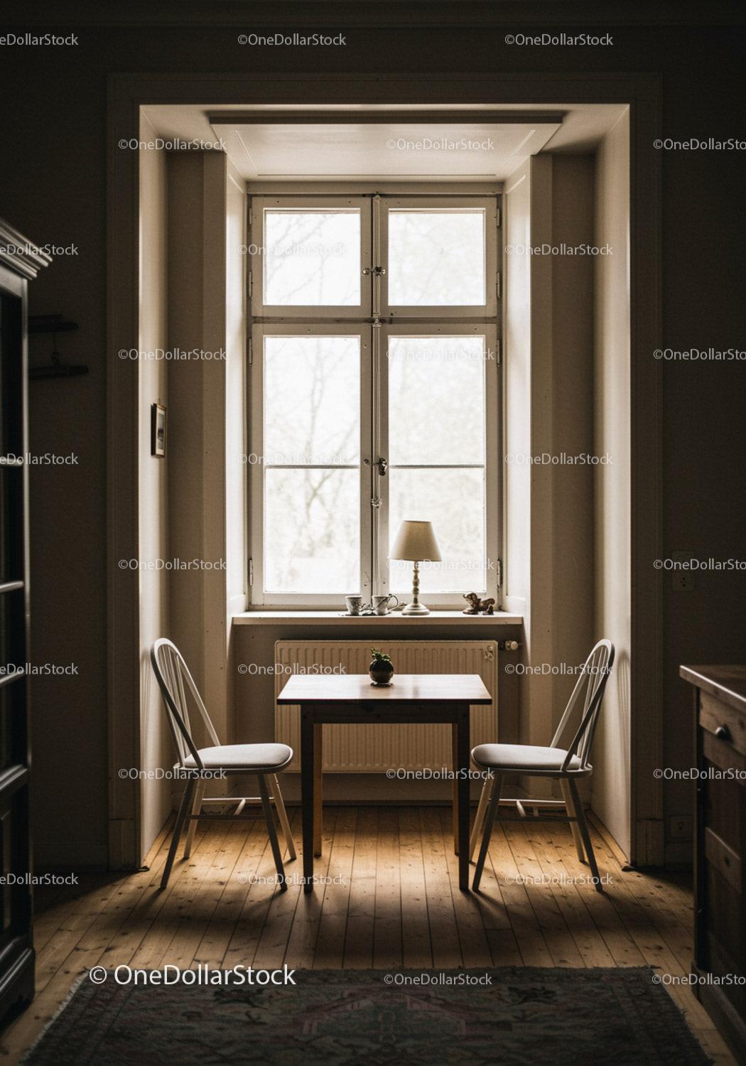 Cozy interior with window and two chairs in warm light