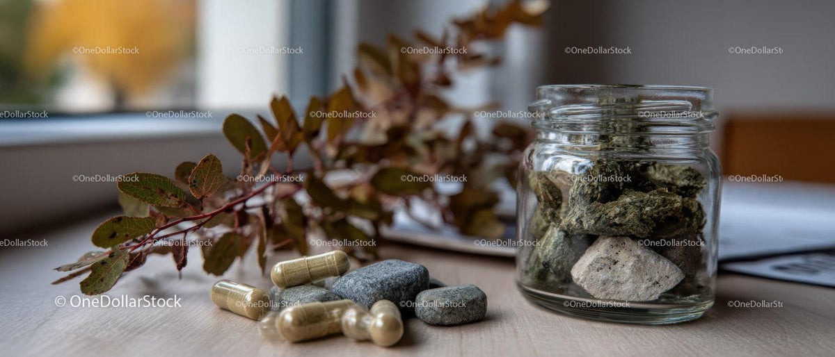 Herbal Leaves and Stones in Glass Jar with Natural Minimalist Atmosphere