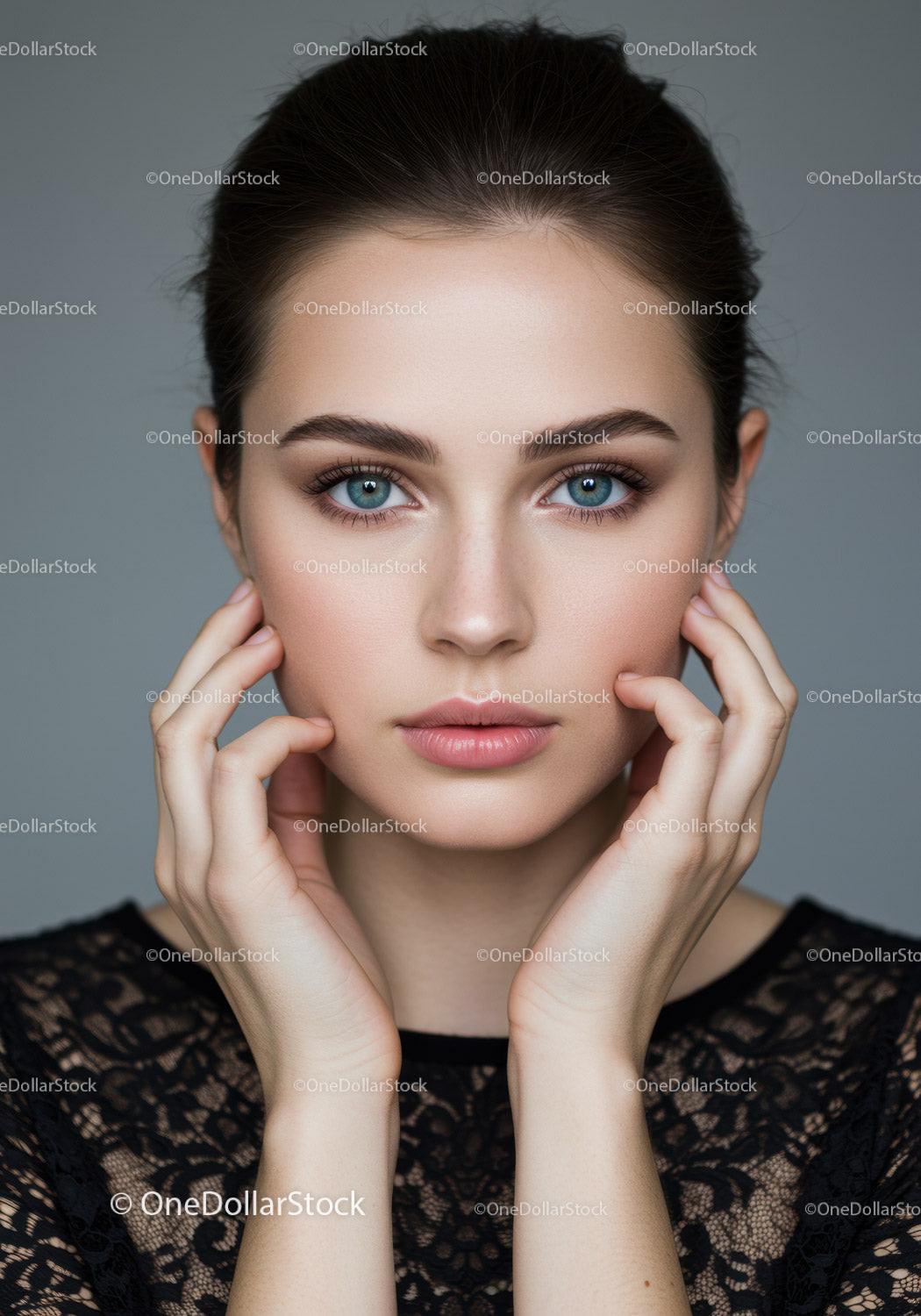 Elegant Portrait of a Young Woman with Blue Eyes and Flawless Skin