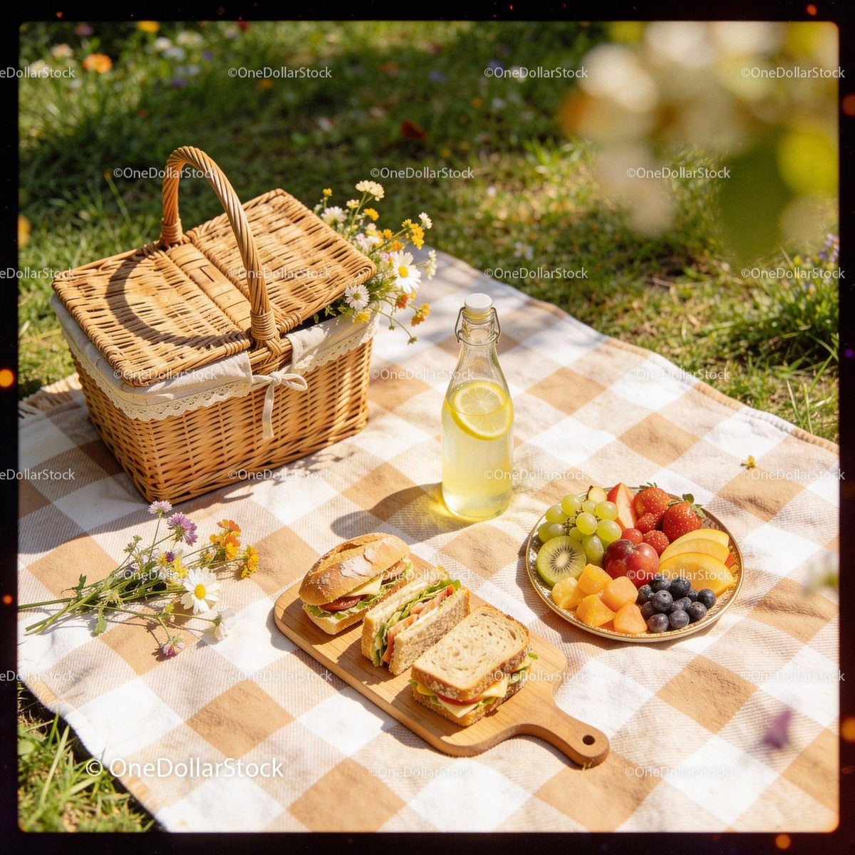 Outdoor picnic with fresh sandwiches and fruit plate