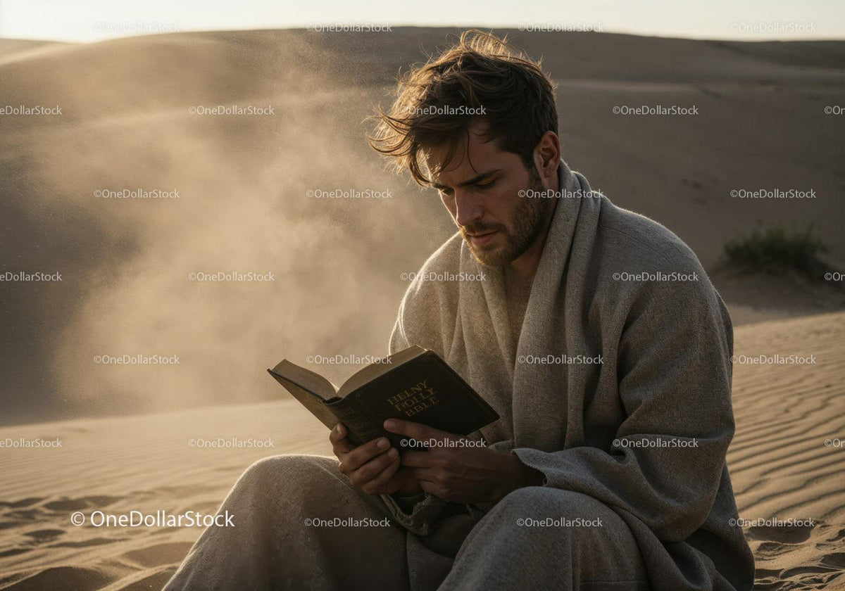 Man in Casual Clothing Reading Book in Desert During Dust Storm Stock Photo Bundle preview 20