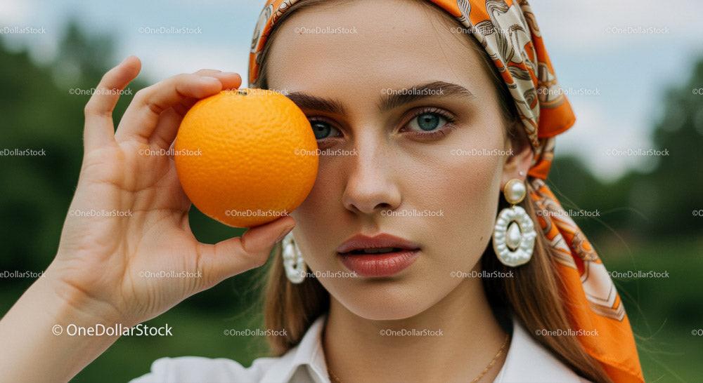 Stylish Woman Holding an Orange in a Bright Outdoor Setting Stock Photo Bundle preview 10