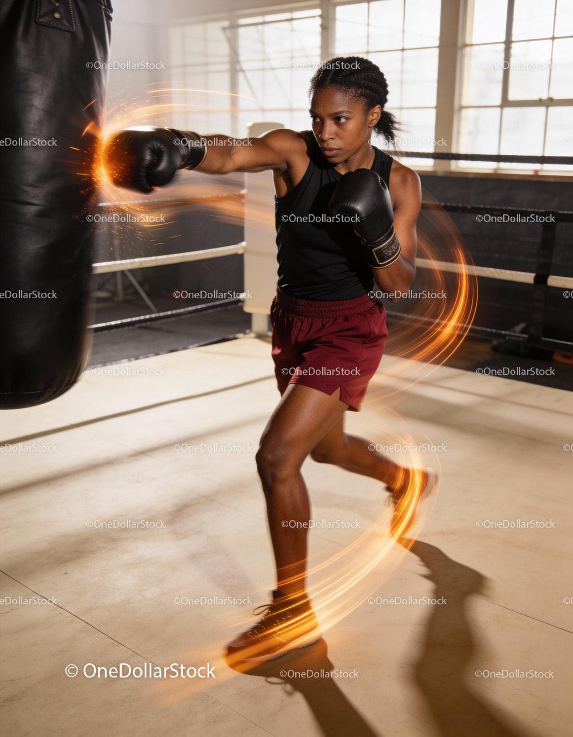 Focused woman boxer training punch with power and speed