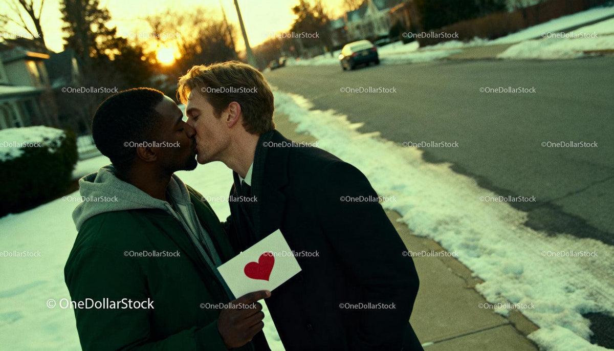 Tender kiss between two men holding a heart card outdoors