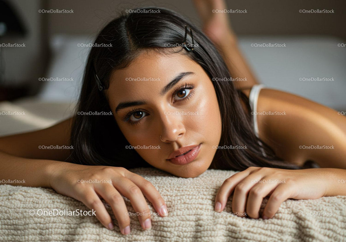 Portrait of Young Woman Lying on Cozy Bed in Warm Natural Light