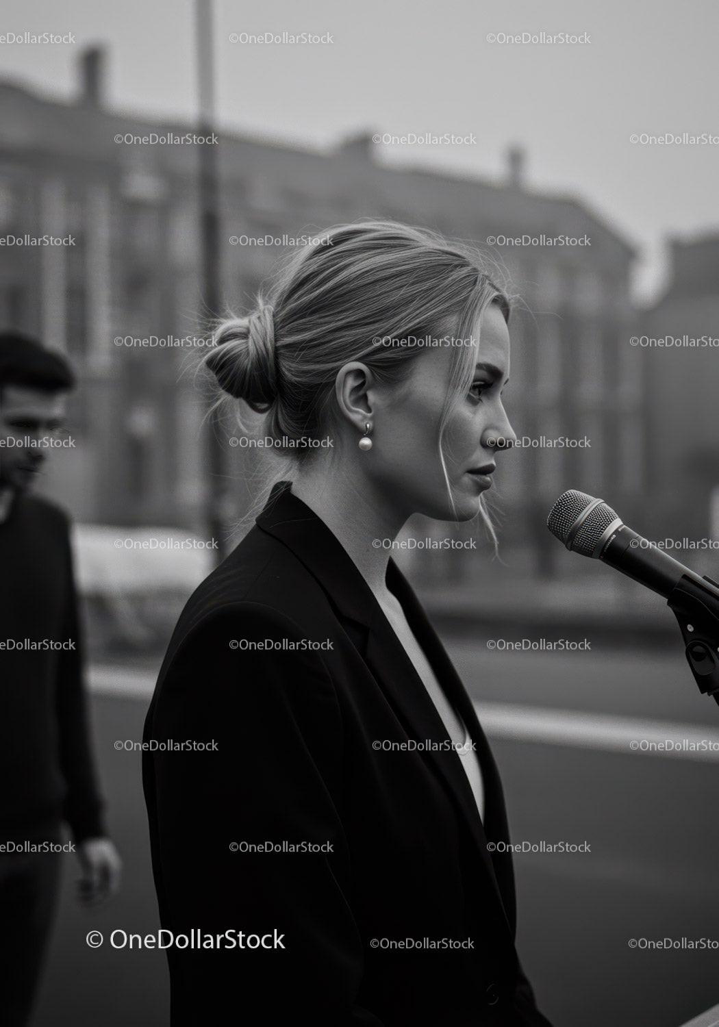 Stylish Woman in Black Blazer Speaking Outdoors in City