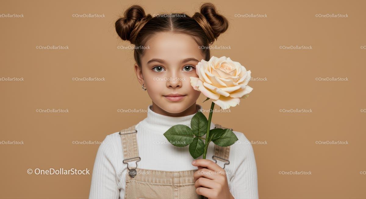Young Girl Holding a Beautiful Peach Rose in Front of a Neutral Background