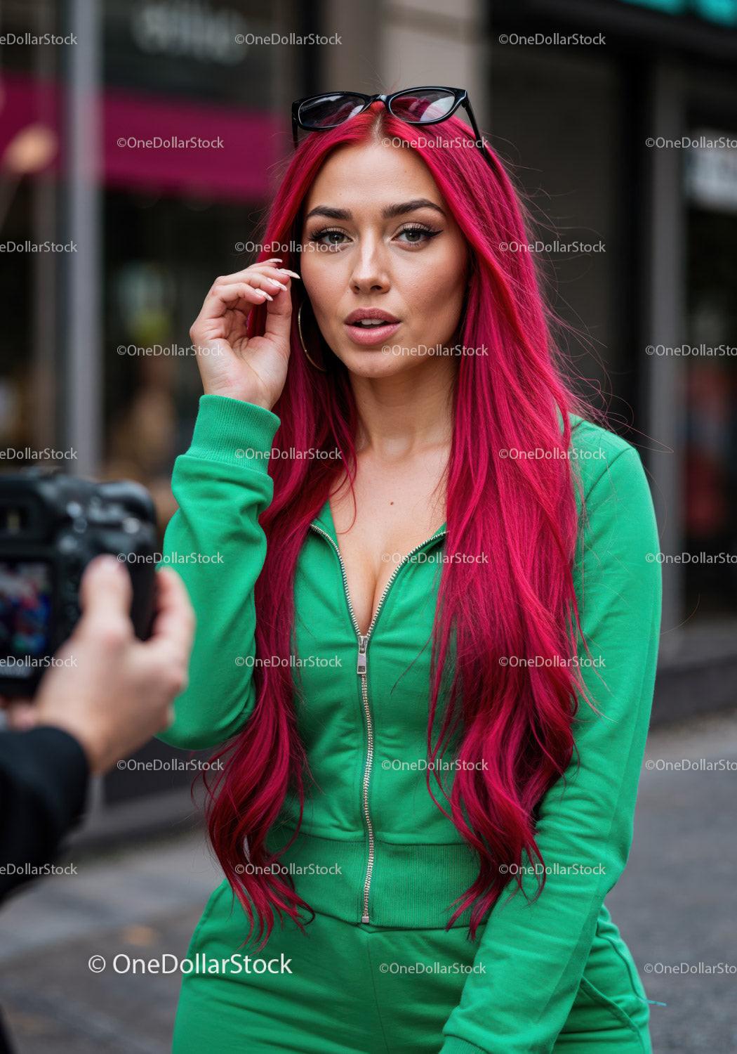 Vibrant Red Hair Woman in Green Tracksuit with Sunglasses in City Stock Photo Bundle preview 5
