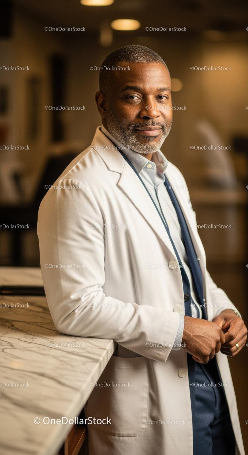 Senior African American Male Doctor in White Lab Coat at Clinic