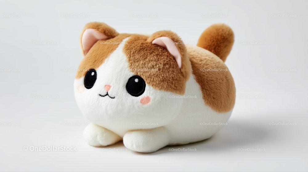 Brown and white plush cat toy with large black eyes and curled tail