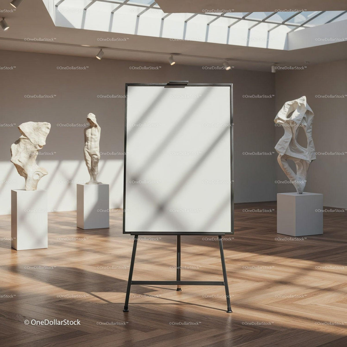 Minimalist art gallery interior with blank canvas easel JPG Mockup Image preview
