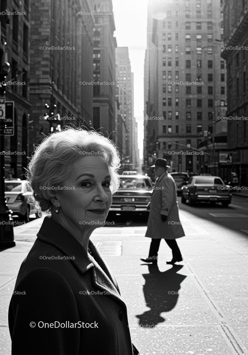 Elegant Elderly Woman Walking in Black and White City Street Scene