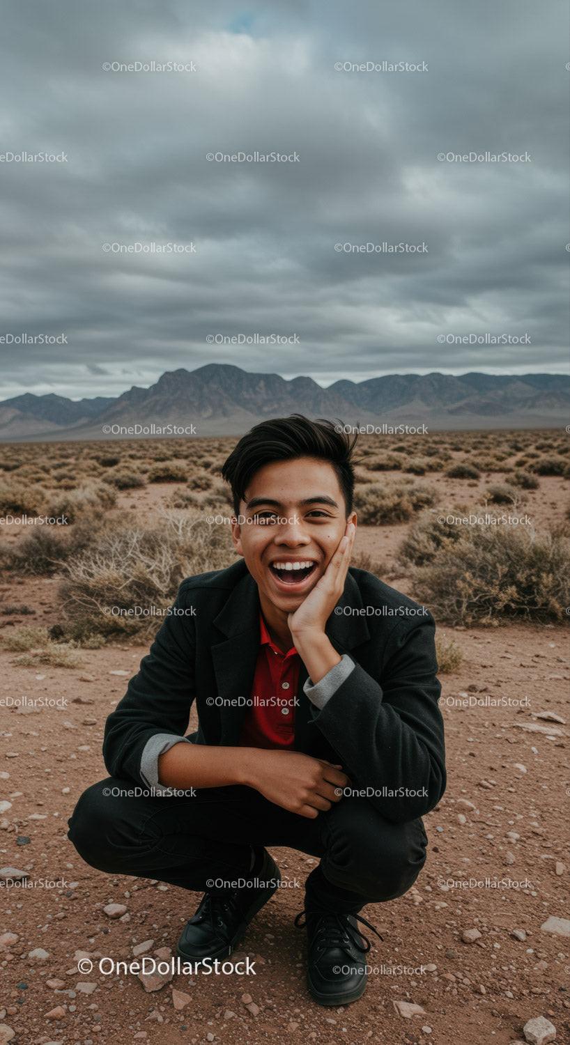 Smiling young man enjoying desert landscape outdoors