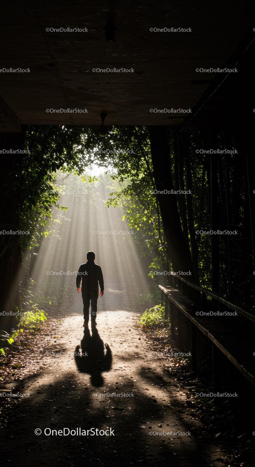Silhouette of Man Walking Through Sunlit Forest Path