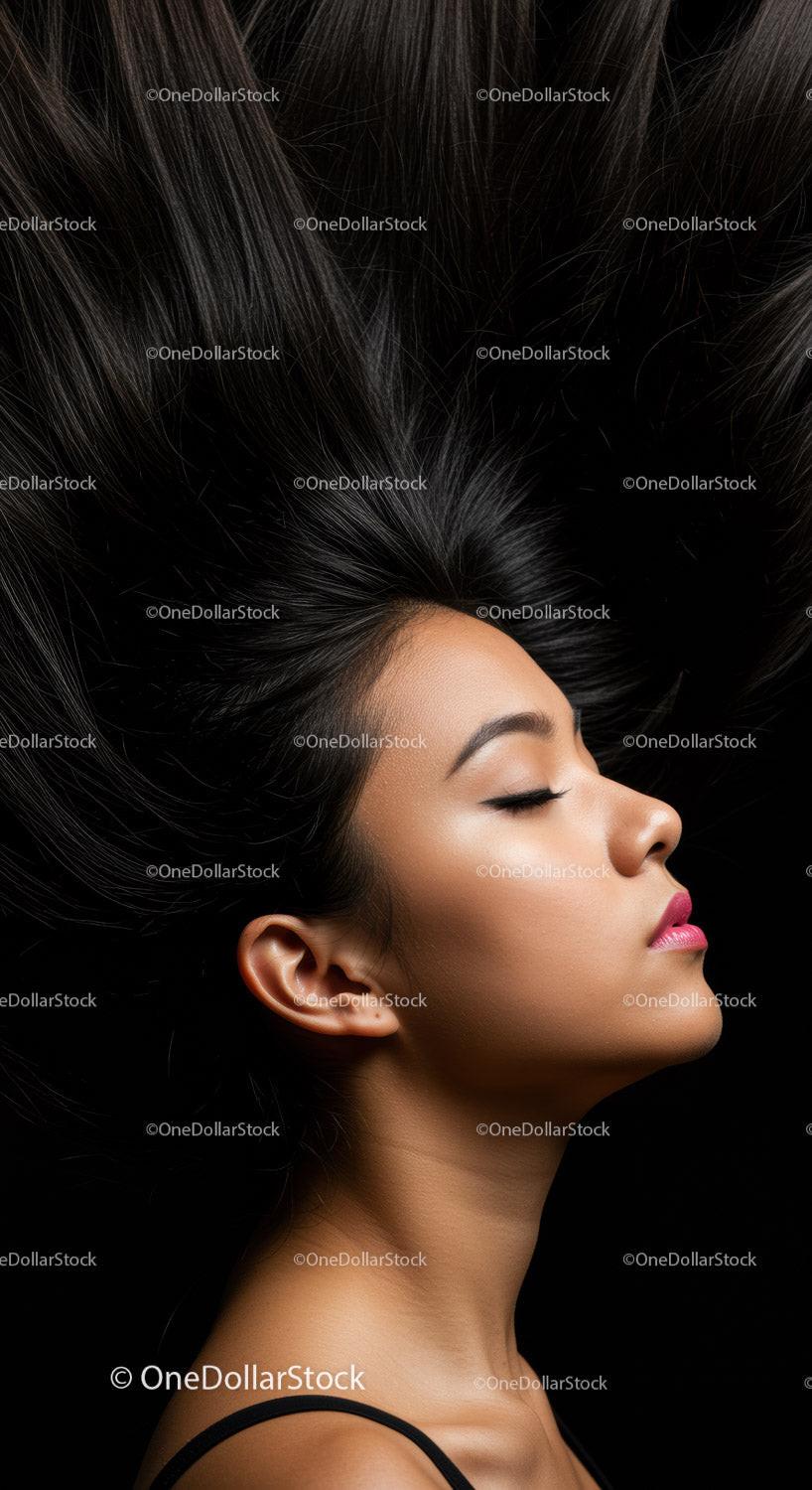Profile of woman with flowing dark hair and closed eyes