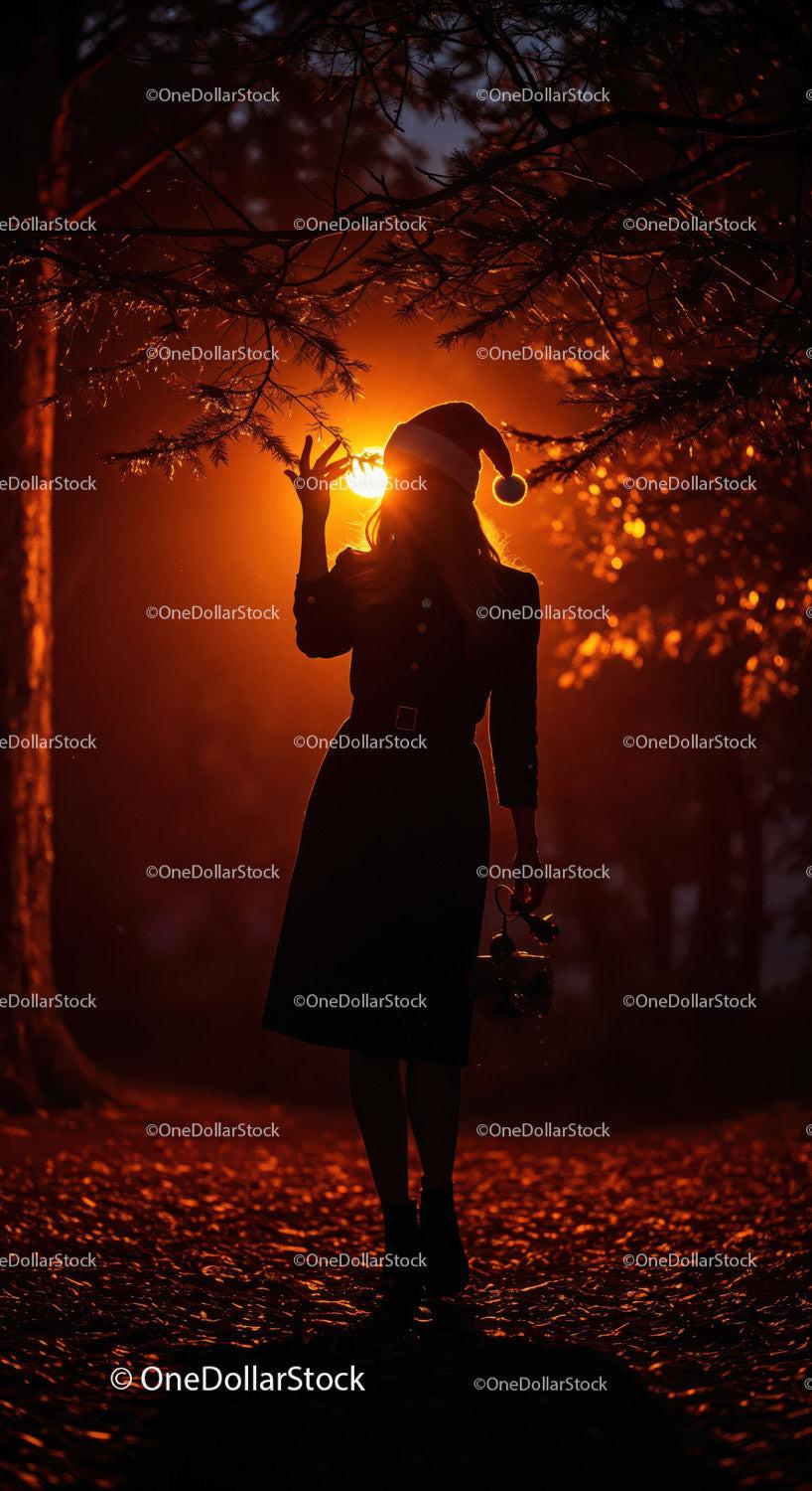 Silhouette of Woman in Santa Hat at Sunset in Forest