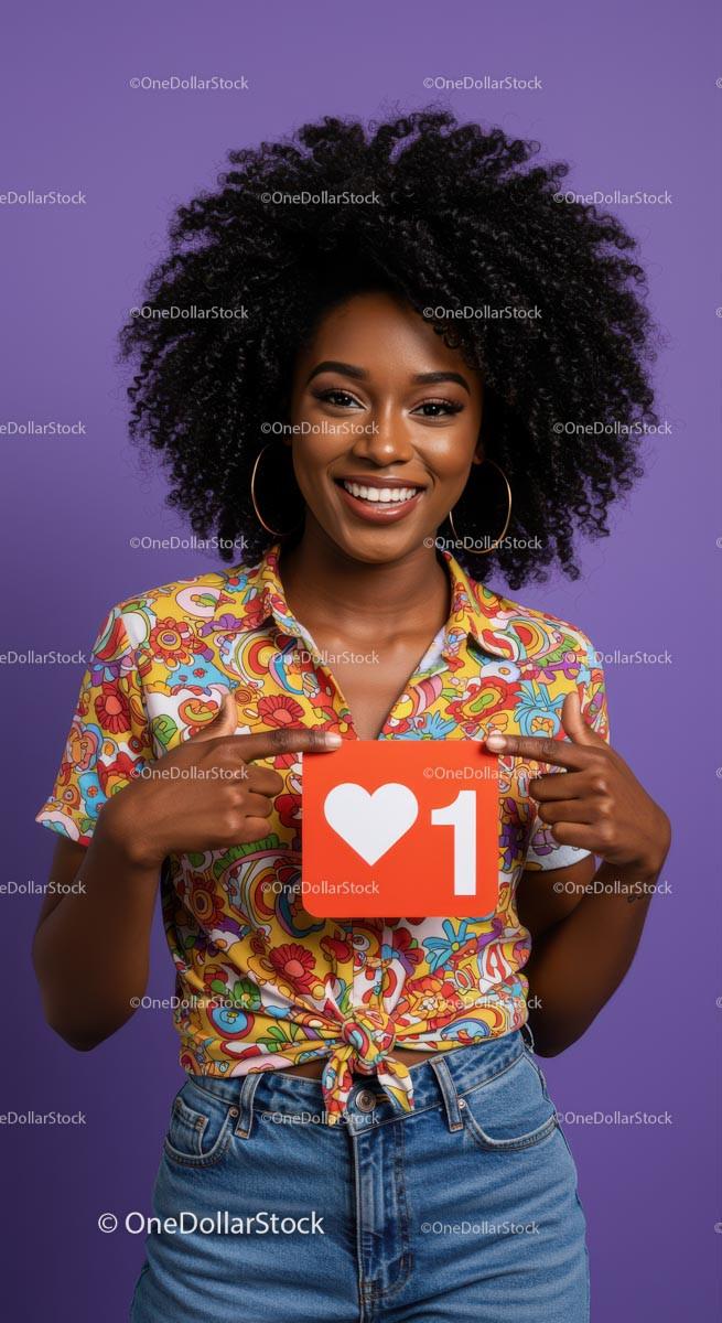 Joyful Woman Holding Heart Like Icon in Casual Trendy Fashion