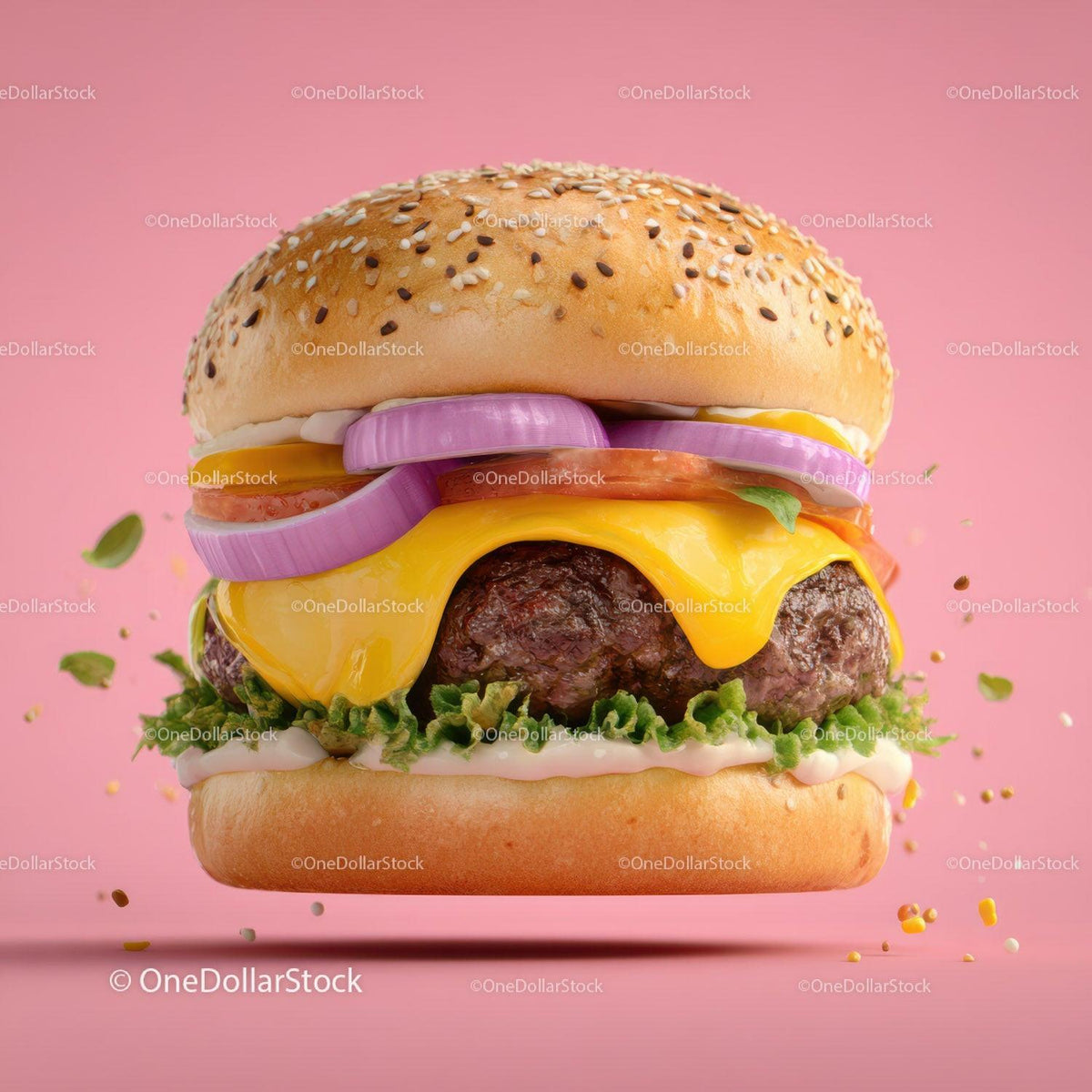 Juicy Cheeseburger with Melty Cheese and Fresh Vegetables on Pink Background Stock Photo Bundle preview 21