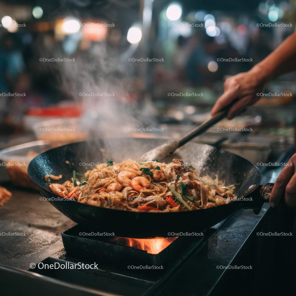 Seafood Noodle Stir-Fry Cooking in Wok at Night Market