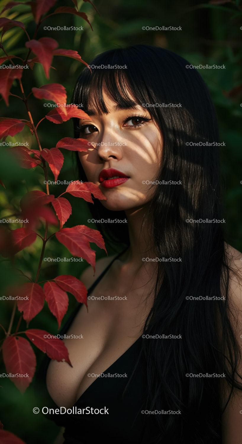 Portrait of a Young Woman With Black Hair and Red Lipstick Among Red Leaves